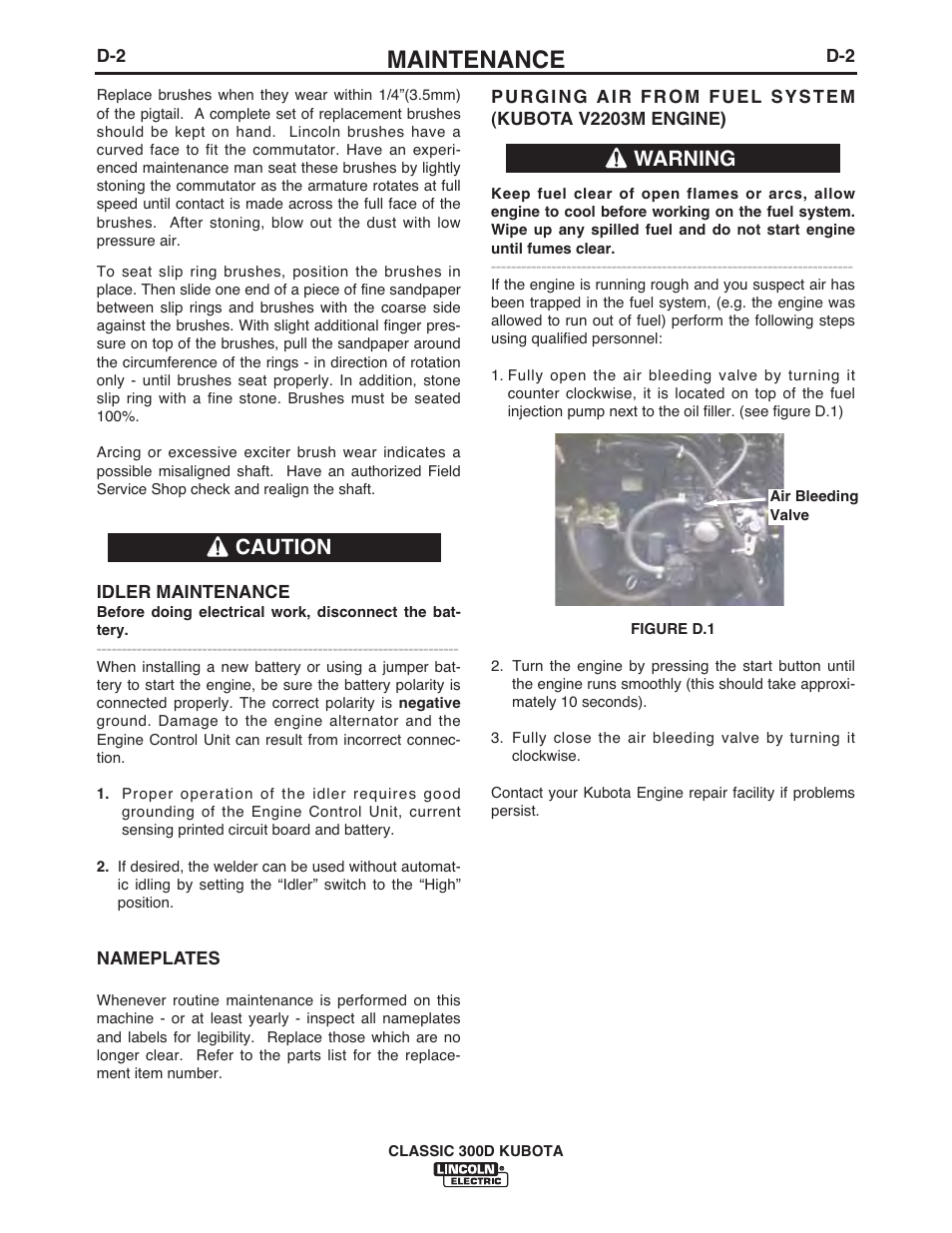 Maintenance, Caution warning | Lincoln Electric CLASSIC 300D KUBOTA IM843-C User Manual | Page 19 / 37