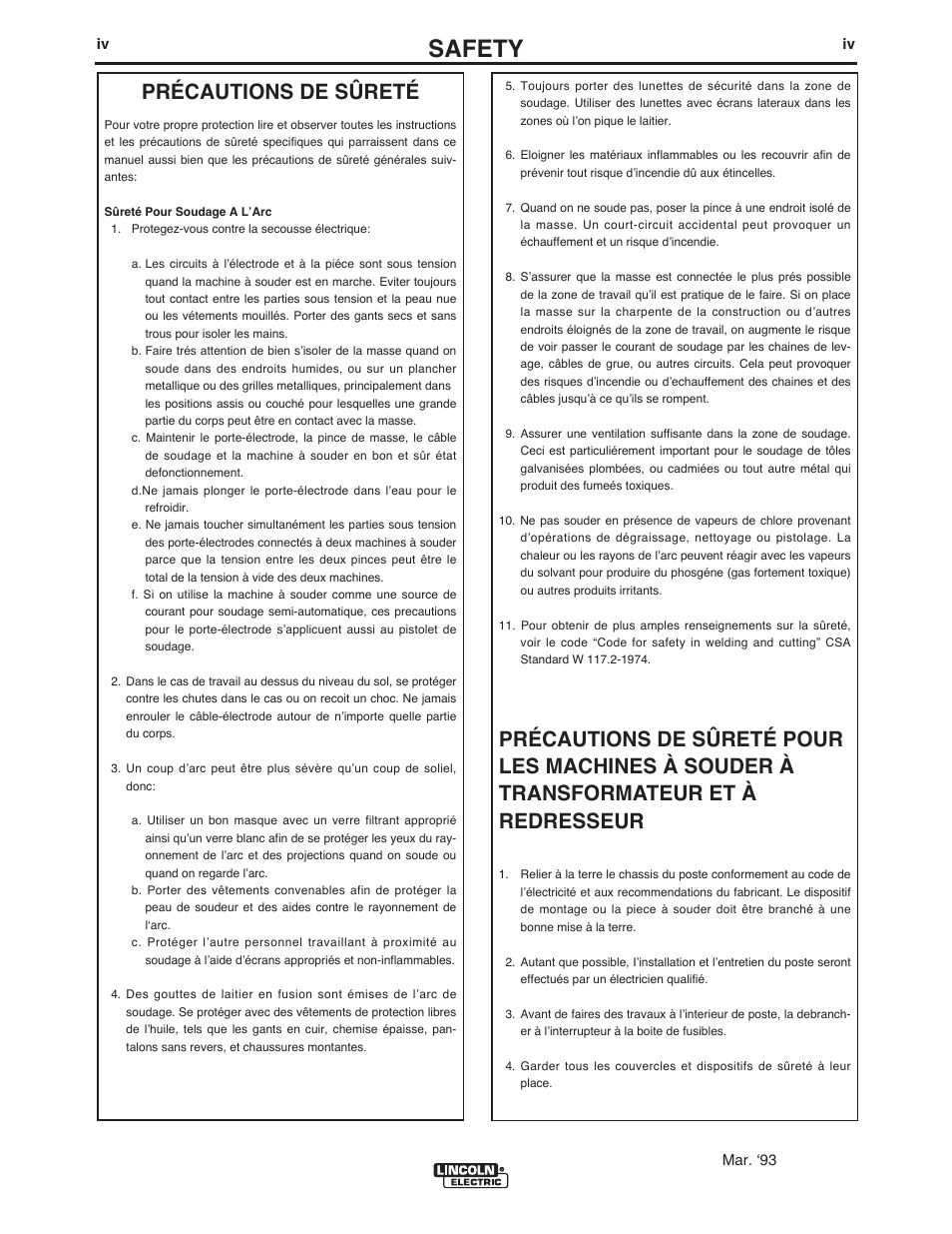 Safety, Précautions de sûreté | Lincoln Electric CLASSIC 300D KUBOTA IM843-C User Manual | Page 5 / 37