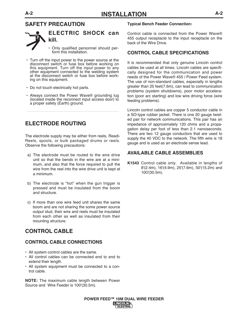 Installation, Safety precaution electrode routing, Control cable | Electric shock can kill | Lincoln Electric POWER FEED IM916 User Manual | Page 10 / 68