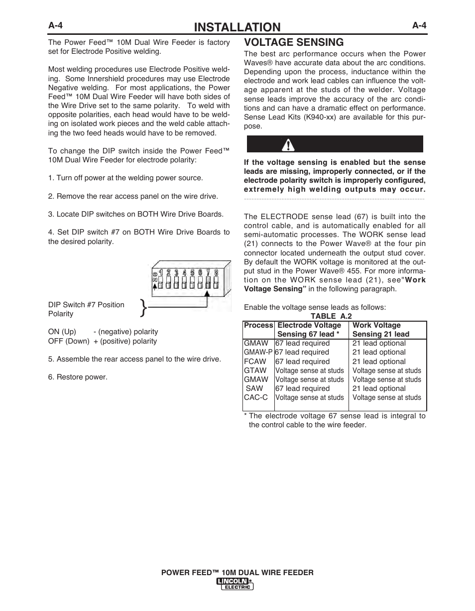 Installation, Voltage sensing | Lincoln Electric POWER FEED IM916 User Manual | Page 12 / 68