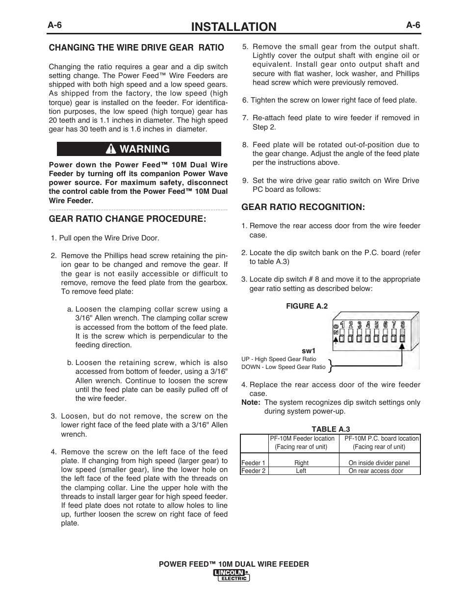 Installation, Warning | Lincoln Electric POWER FEED IM916 User Manual | Page 14 / 68