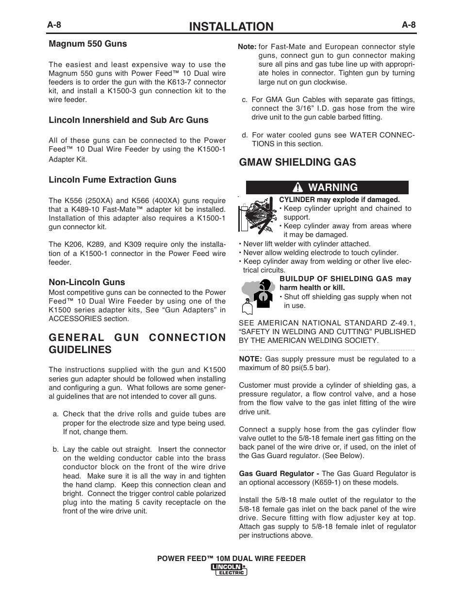 Installation, General gun connection guidelines, Gmaw shielding gas | Warning | Lincoln Electric POWER FEED IM916 User Manual | Page 16 / 68