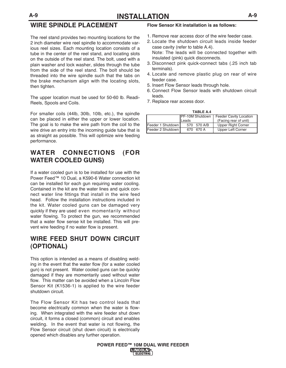 Installation, Wire spindle placement, Water connections (for water cooled guns) | Wire feed shut down circuit (optional) | Lincoln Electric POWER FEED IM916 User Manual | Page 17 / 68