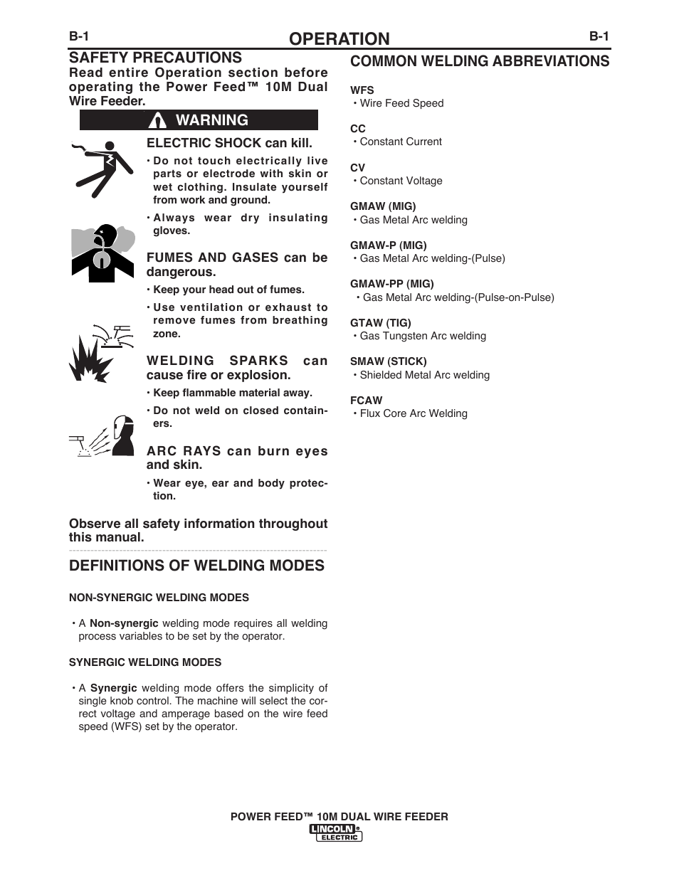 Operation, Common welding abbreviations, Safety precautions | Definitions of welding modes, Warning | Lincoln Electric POWER FEED IM916 User Manual | Page 19 / 68