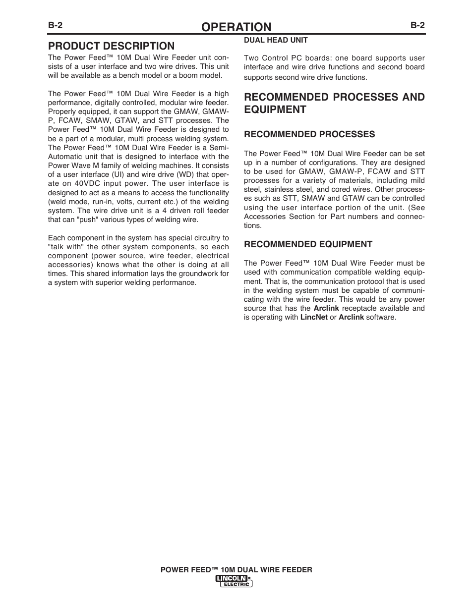Operation, Product description, Recommended processes and equipment | Lincoln Electric POWER FEED IM916 User Manual | Page 20 / 68