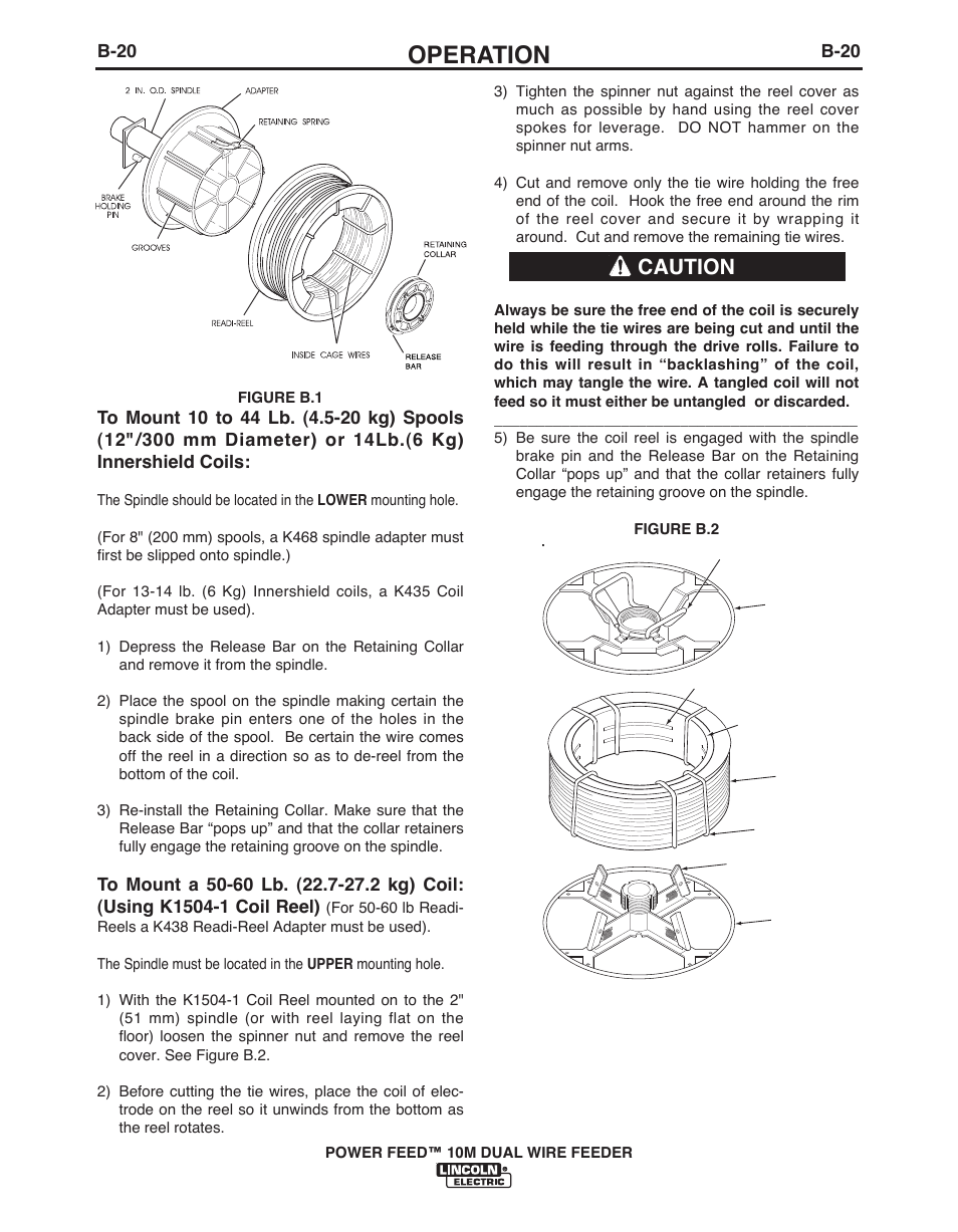 Operation, Caution, B-20 | Lincoln Electric POWER FEED IM916 User Manual | Page 38 / 68