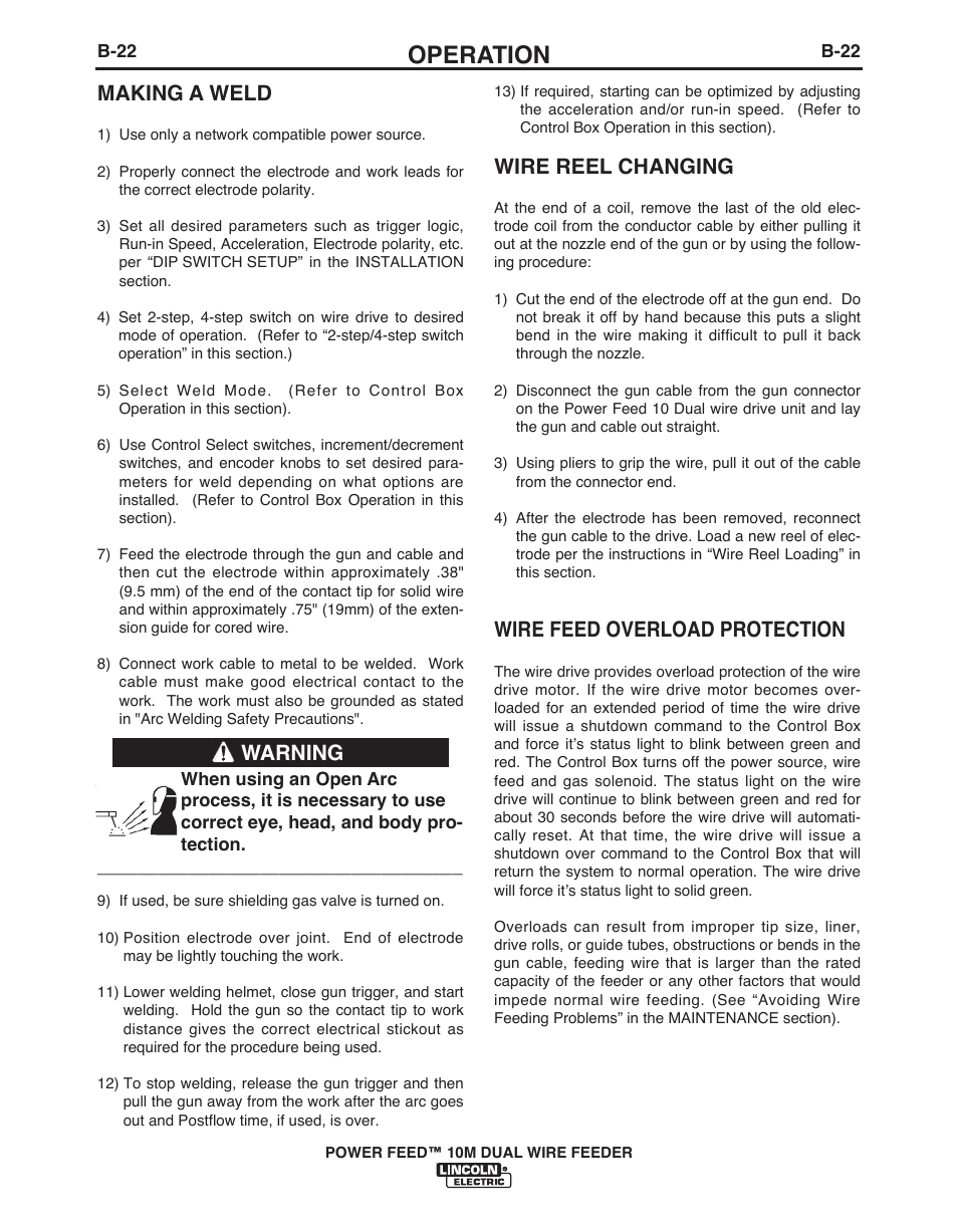 Operation, Making a weld, Wire reel changing | Wire feed overload protection, Warning | Lincoln Electric POWER FEED IM916 User Manual | Page 40 / 68