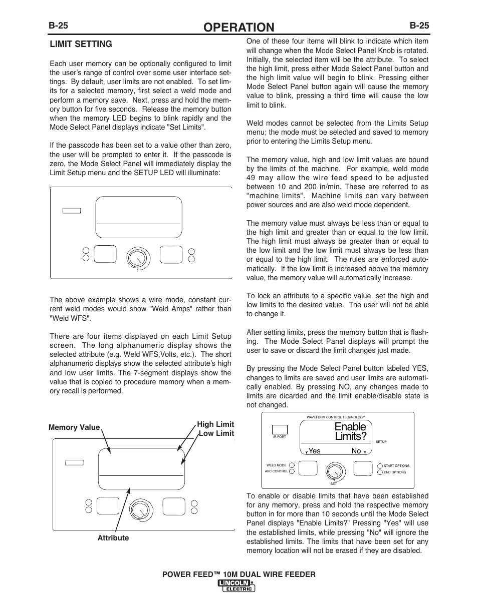 Operation, Enable limits, B-25 | Limit setting | Lincoln Electric POWER FEED IM916 User Manual | Page 43 / 68
