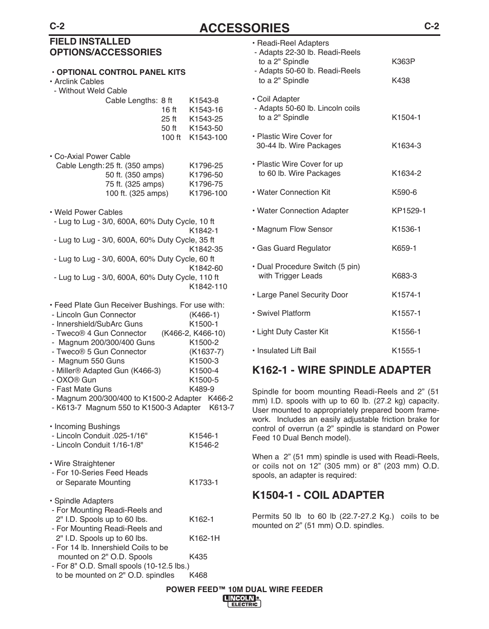 Accessories, K162-1 - wire spindle adapter | Lincoln Electric POWER FEED IM916 User Manual | Page 45 / 68