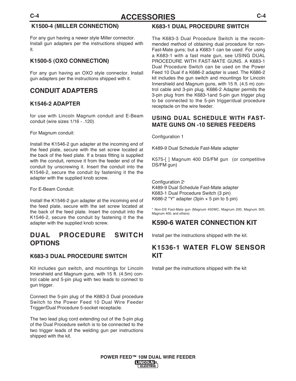Accessories, Conduit adapters, Dual procedure switch options | K590-6 water connection kit | Lincoln Electric POWER FEED IM916 User Manual | Page 47 / 68
