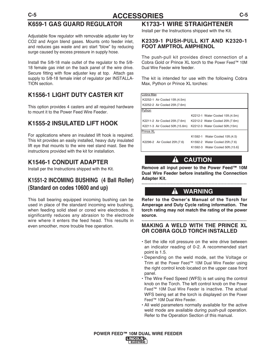 Accessories, K659-1 gas guard regulator, Caution warning | Lincoln Electric POWER FEED IM916 User Manual | Page 48 / 68