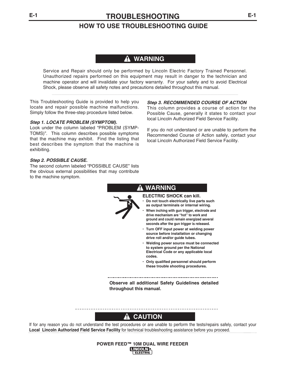 Troubleshooting, Caution, How to use troubleshooting guide | Warning | Lincoln Electric POWER FEED IM916 User Manual | Page 50 / 68