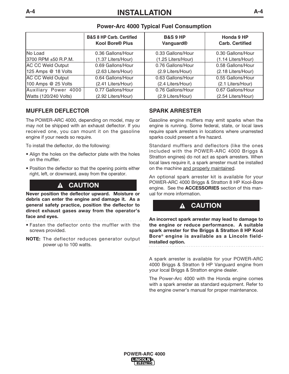 Installation, Caution | Lincoln Electric POWER-ARC 4000 User Manual | Page 11 / 52