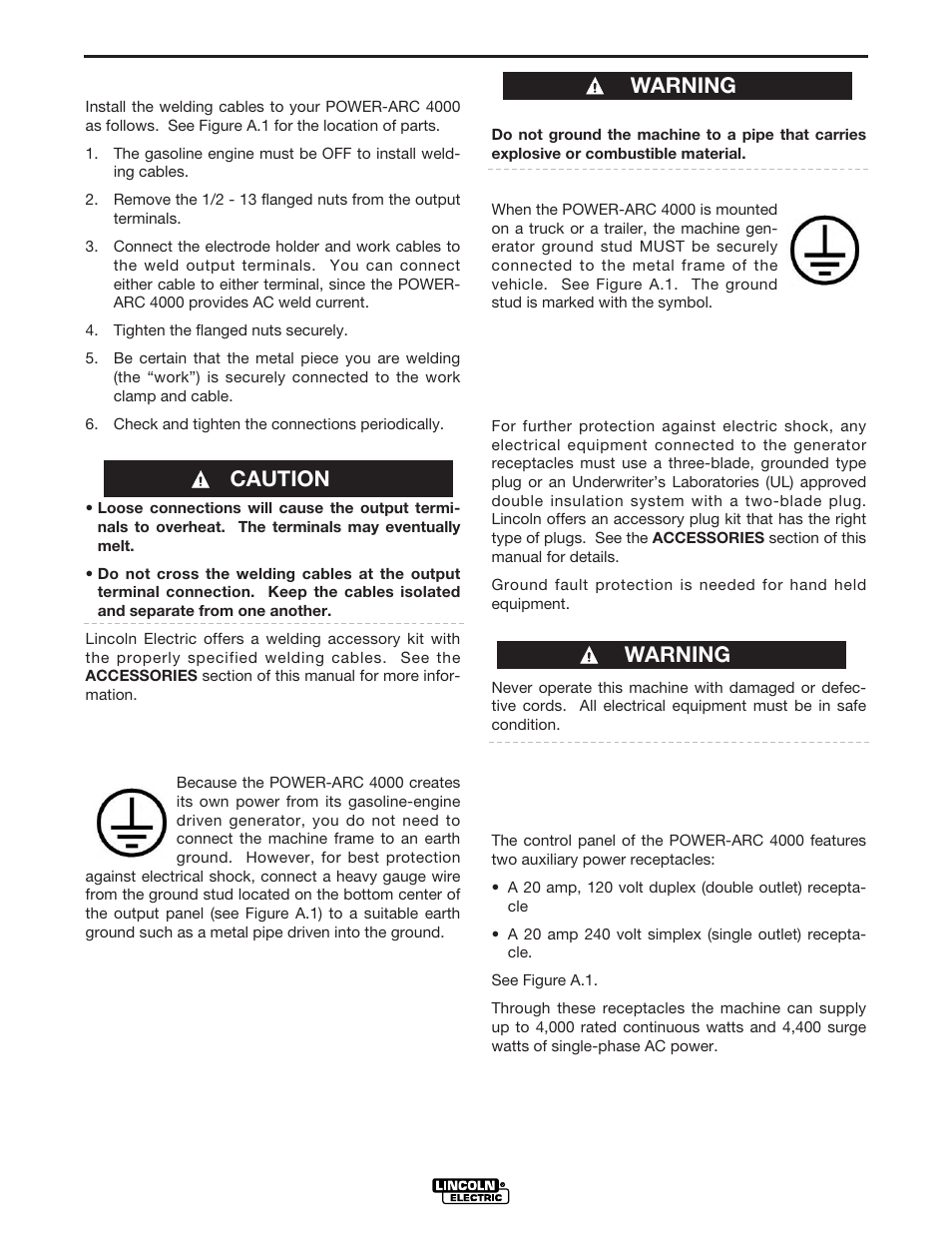 Installation, Caution warning warning | Lincoln Electric POWER-ARC 4000 User Manual | Page 13 / 52