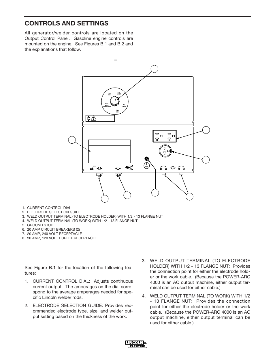 Operation, Controls and settings, Generator/welder controls | Figure b.1 – output panel controls | Lincoln Electric POWER-ARC 4000 User Manual | Page 18 / 52