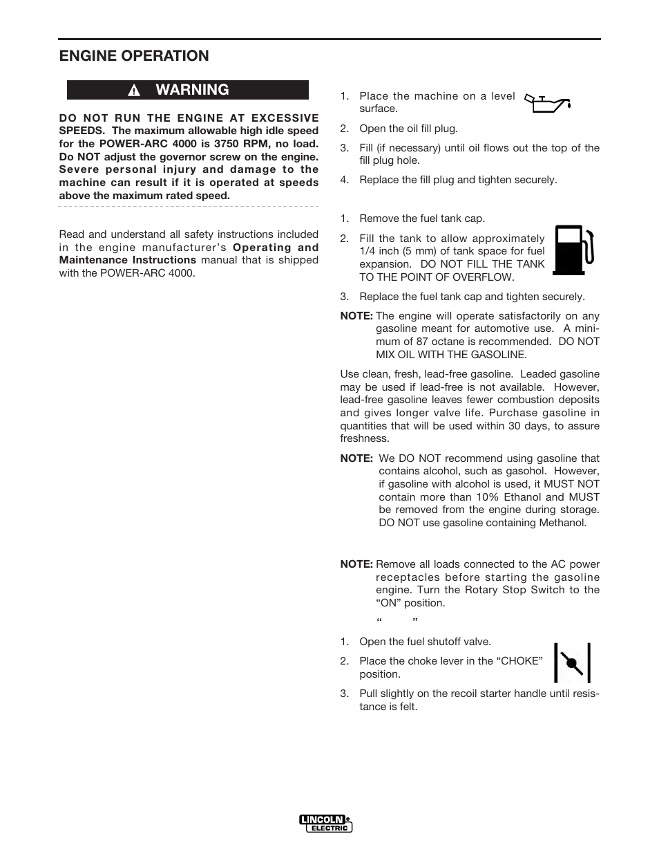 Operation, Engine operation, Warning | Lincoln Electric POWER-ARC 4000 User Manual | Page 20 / 52