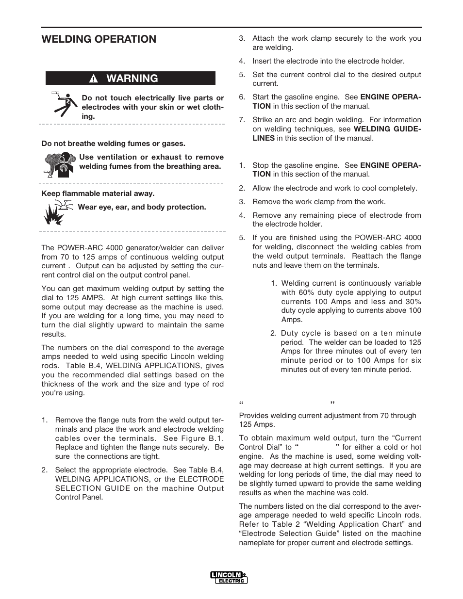 Operation, Welding operation, Warning | Lincoln Electric POWER-ARC 4000 User Manual | Page 24 / 52