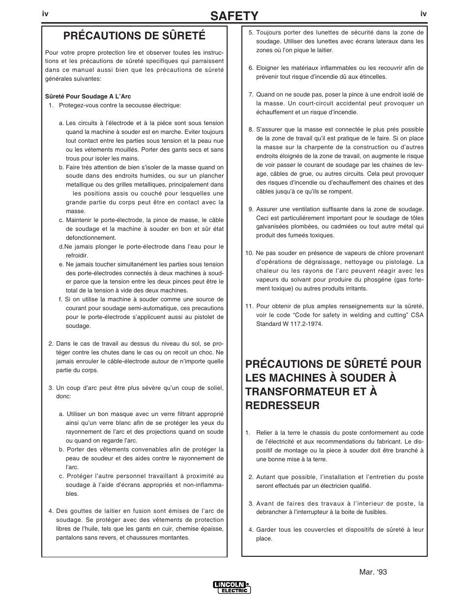 Safety, Précautions de sûreté | Lincoln Electric POWER-ARC 4000 User Manual | Page 5 / 52