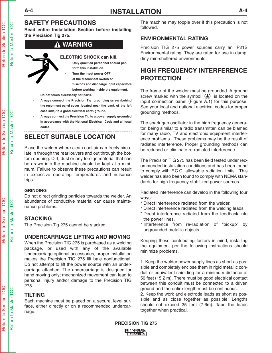 Installation, Safety precautions, Select suitable location | High frequency interference protection, Warning | Lincoln Electric PRECISION TIG 275 SVM162-B User Manual | Page 10 / 140