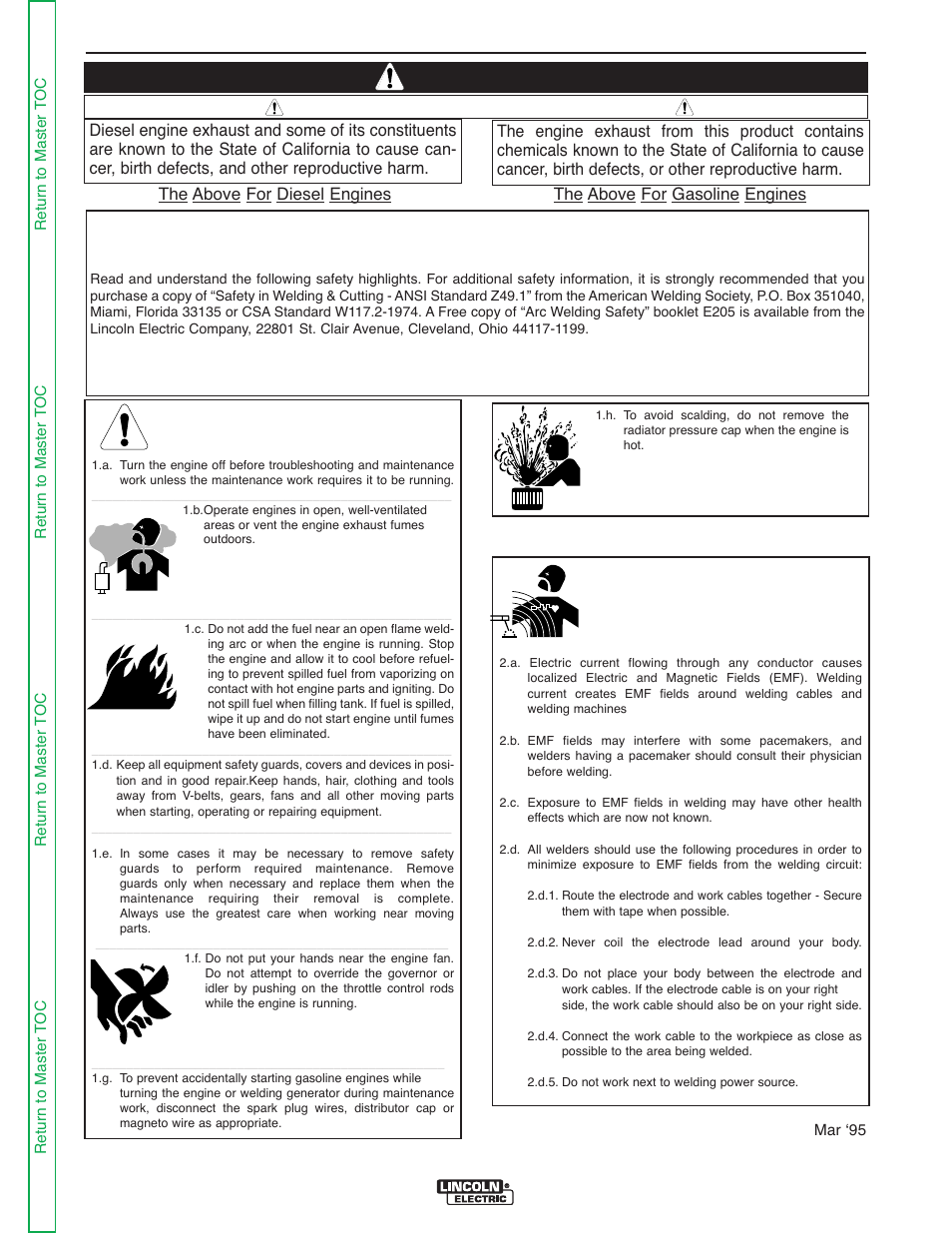 Safety, Info, Warning | For engine powered equipment, Electric and magnetic fields may be dangerous | Lincoln Electric PRECISION TIG 275 SVM162-B User Manual | Page 2 / 140
