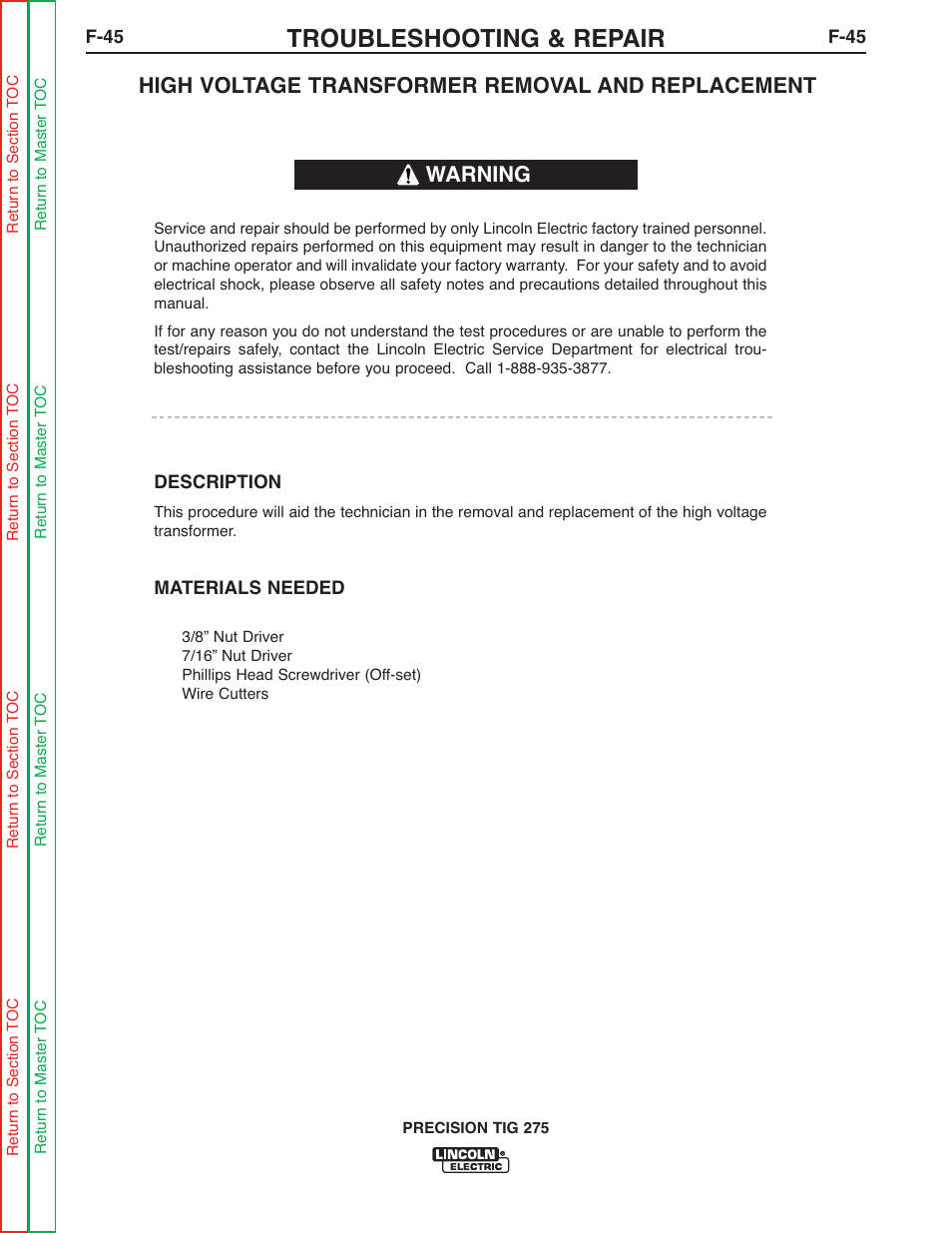 Troubleshooting & repair, High voltage transformer removal and replacement, Warning | Lincoln Electric PRECISION TIG 275 SVM162-B User Manual | Page 91 / 140
