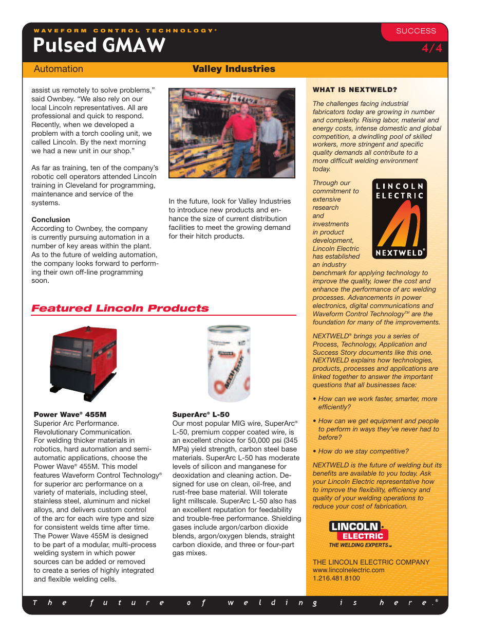 Pulsed gmaw, Valley industries automation, Featured lincoln products | Lincoln Electric NX-4.310 User Manual | Page 4 / 4