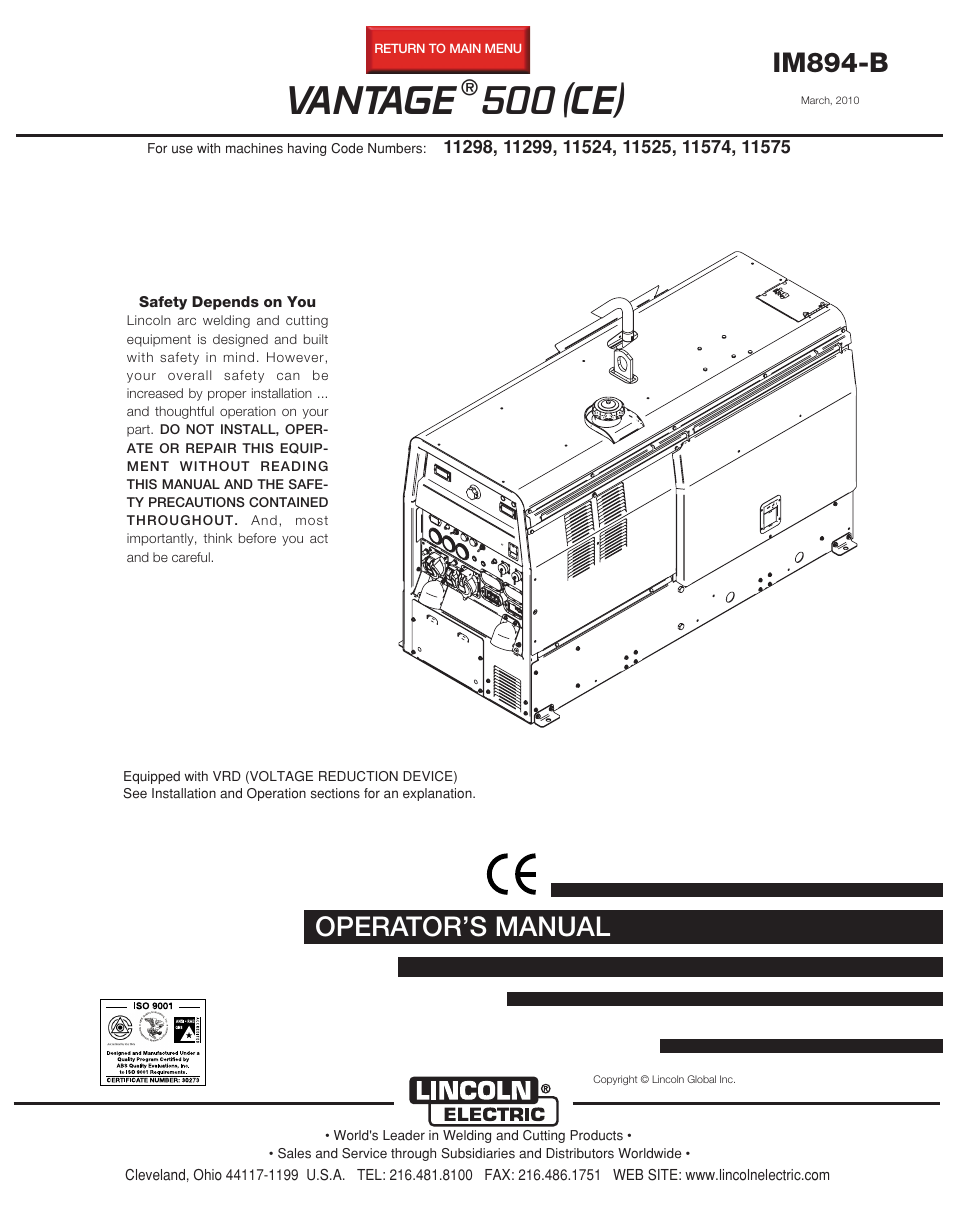 Lincoln Electric VANTAGE 500 (CE) IM894-B User Manual | 50 pages
