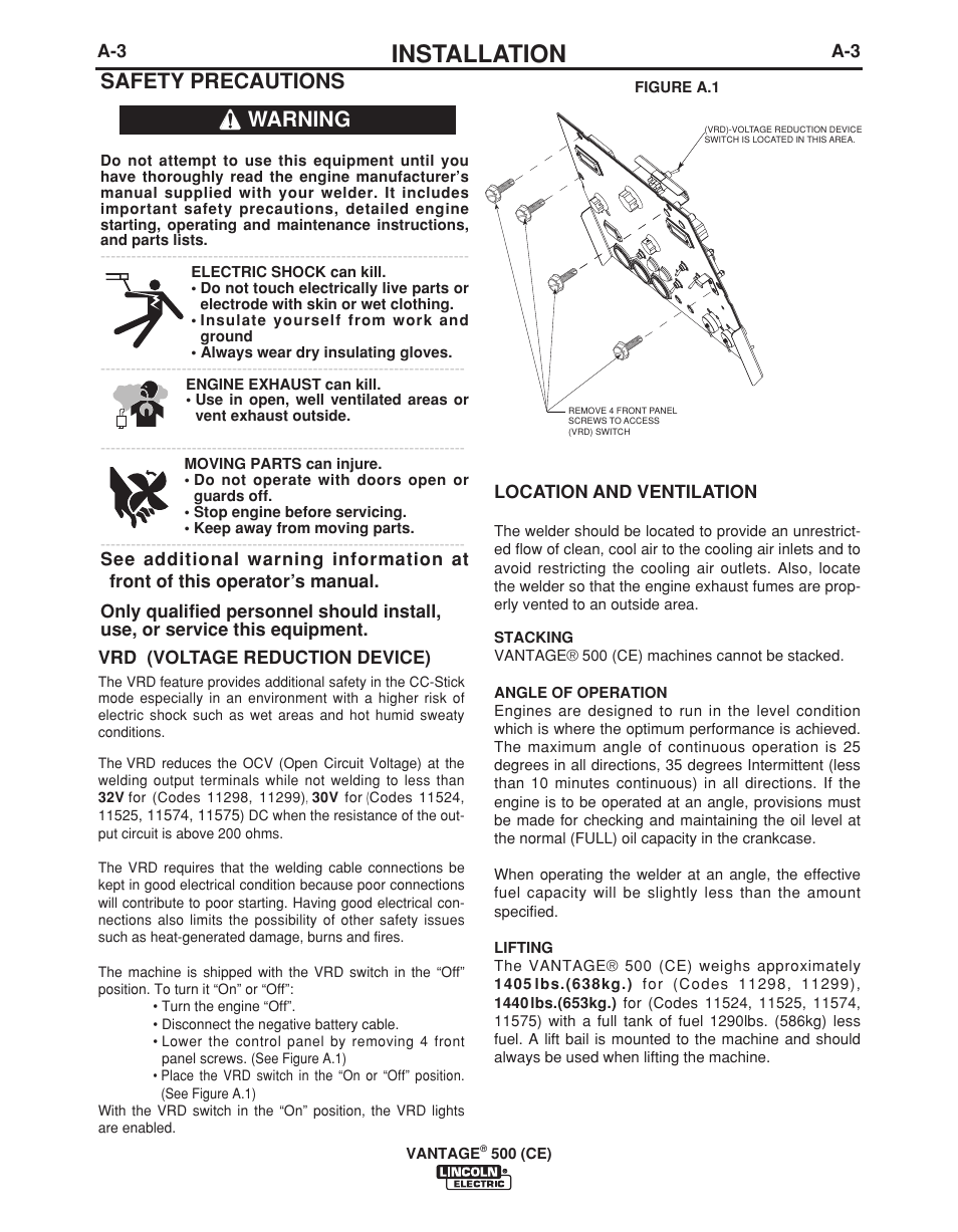 Installation, Safety precautions, Warning | Lincoln Electric VANTAGE 500 (CE) IM894-B User Manual | Page 13 / 50