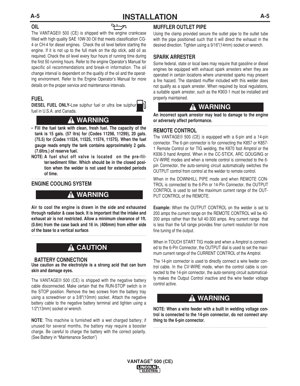 Installation, Warning caution warning warning warning | Lincoln Electric VANTAGE 500 (CE) IM894-B User Manual | Page 15 / 50