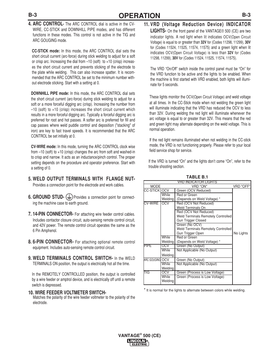 Operation, B-3 4. arc control, Weld output terminals with flange nut | Ground stud, 14-pin connector, 6-pin connector, Weld terminals control switch, Wire feeder voltmeter switch, Vrd (voltage reduction device) indicator lights | Lincoln Electric VANTAGE 500 (CE) IM894-B User Manual | Page 21 / 50