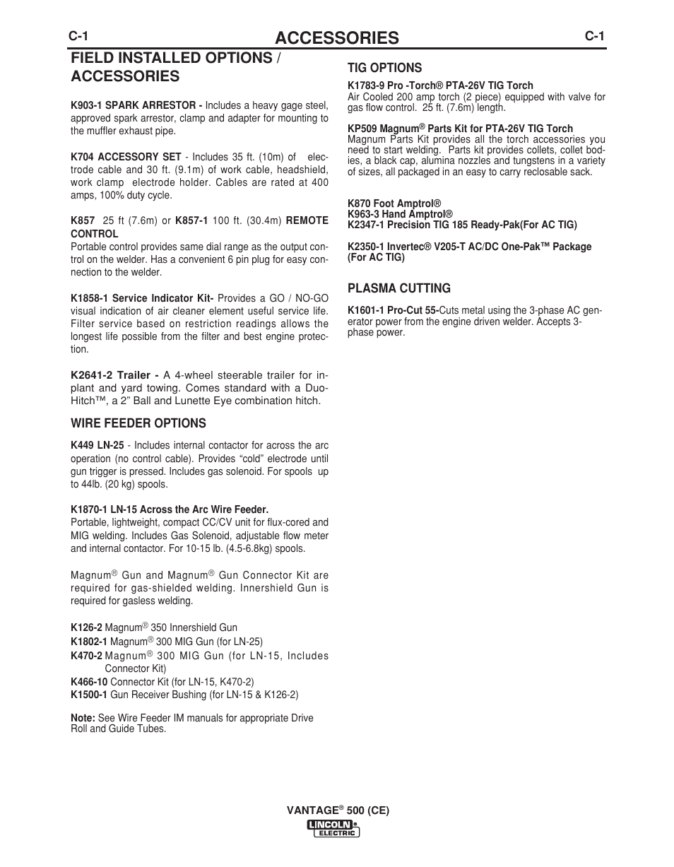 Accessories, Field installed options / accessories | Lincoln Electric VANTAGE 500 (CE) IM894-B User Manual | Page 26 / 50