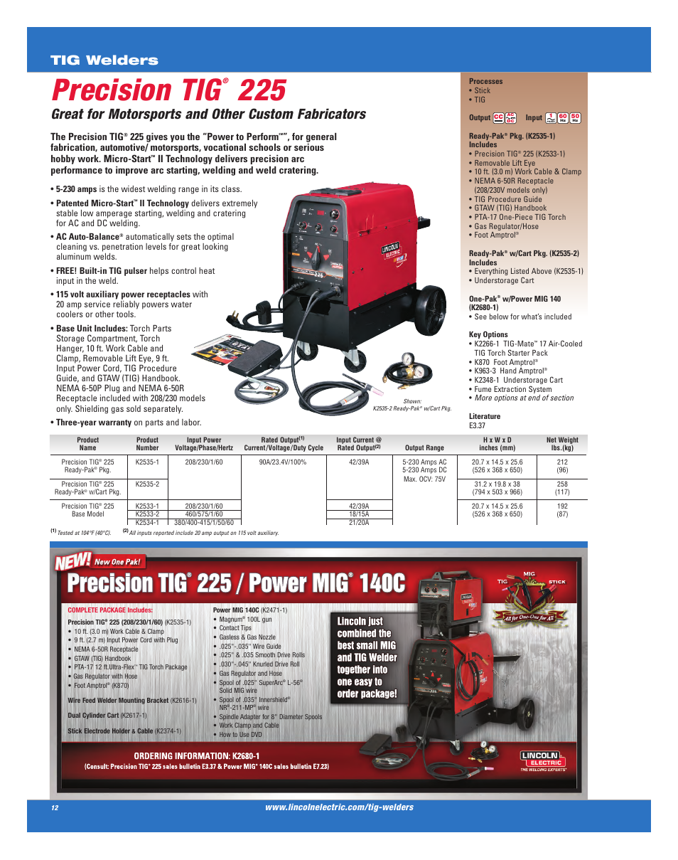 Precision tig, Great for motorsports and other custom fabricators, Tig welders | The precision tig, 225 gives you the “power to perform | Lincoln Electric AC-225C User Manual | Page 10 / 168