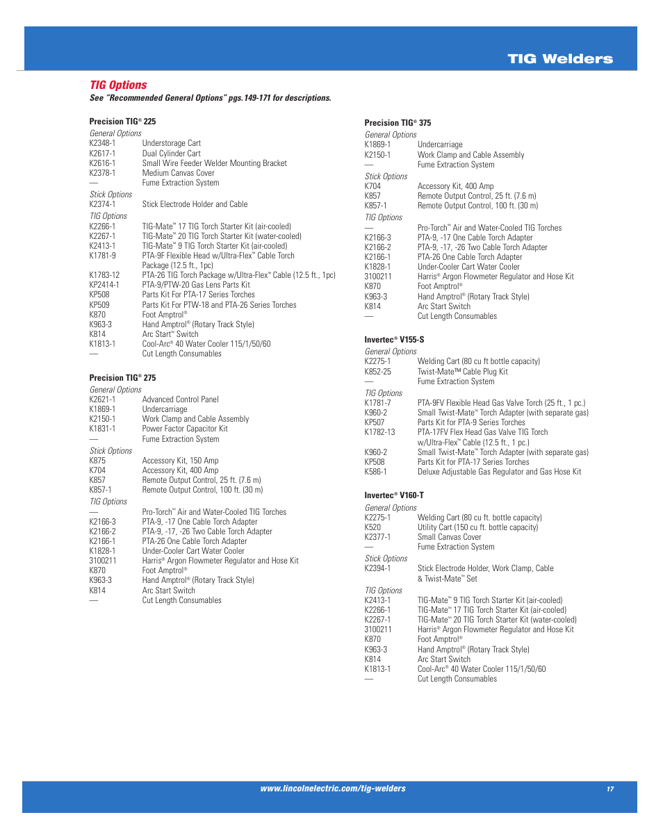 Tig welders, Tig options | Lincoln Electric AC-225C User Manual | Page 15 / 168