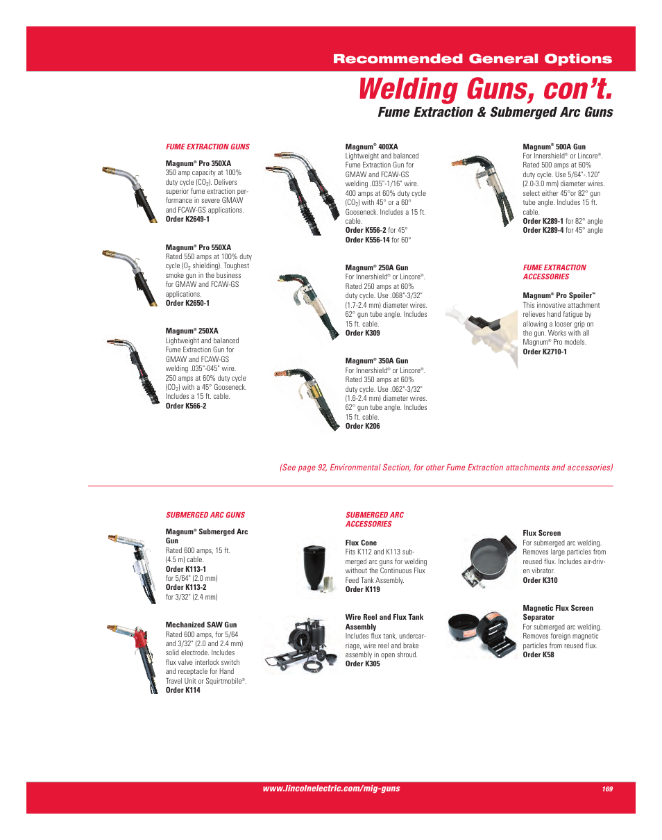 Welding guns, con’t, Fume extraction & submerged arc guns, Recommended general options | Lincoln Electric AC-225C User Manual | Page 167 / 168