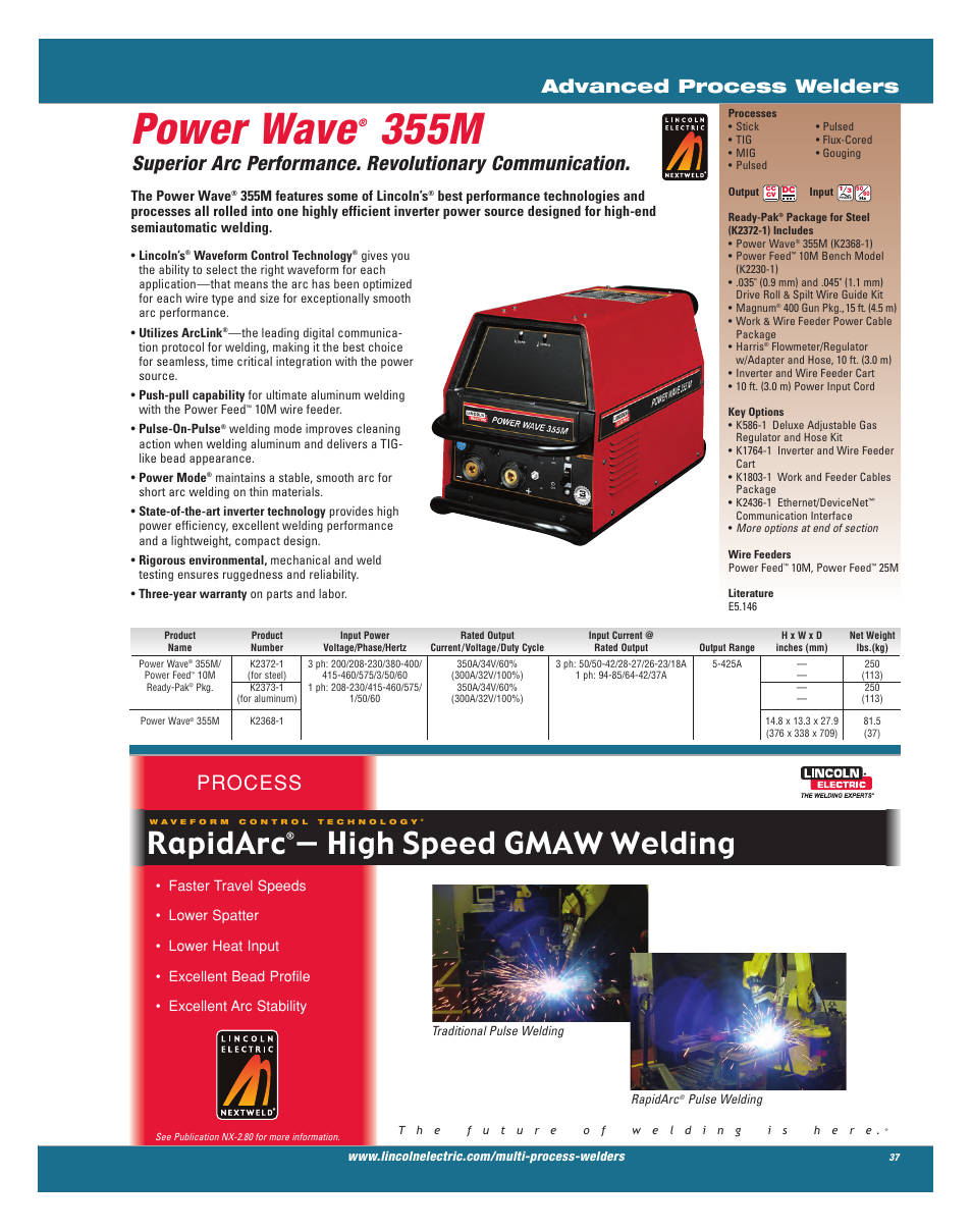 Power wave, 355m, Rapidarc | High speed gmaw welding, Process, Advanced process welders, The power wave, 355m features some of lincoln’s | Lincoln Electric AC-225C User Manual | Page 35 / 168