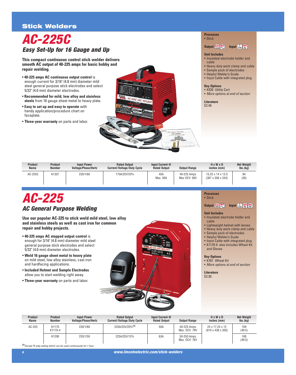 Ac-225c, Ac-225, Easy set-up for 16 gauge and up | Ac general purpose welding, Stick welders | Lincoln Electric AC-225C User Manual | Page 4 / 168