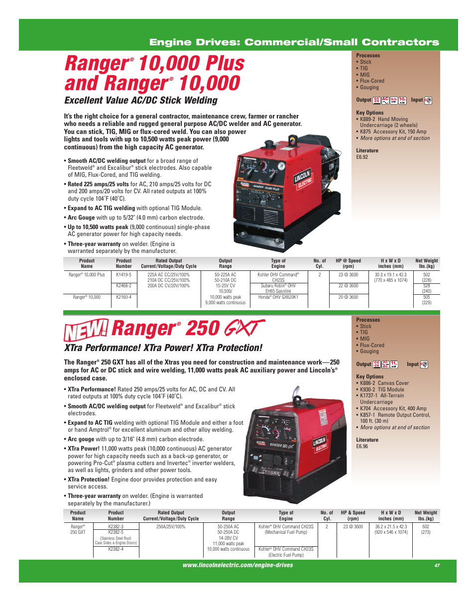 Ranger, Excellent value ac/dc stick welding, Xtra performance! xtra power! xtra protection | Engine drives: commercial/small contractors, The ranger, Enclosed case | Lincoln Electric AC-225C User Manual | Page 45 / 168