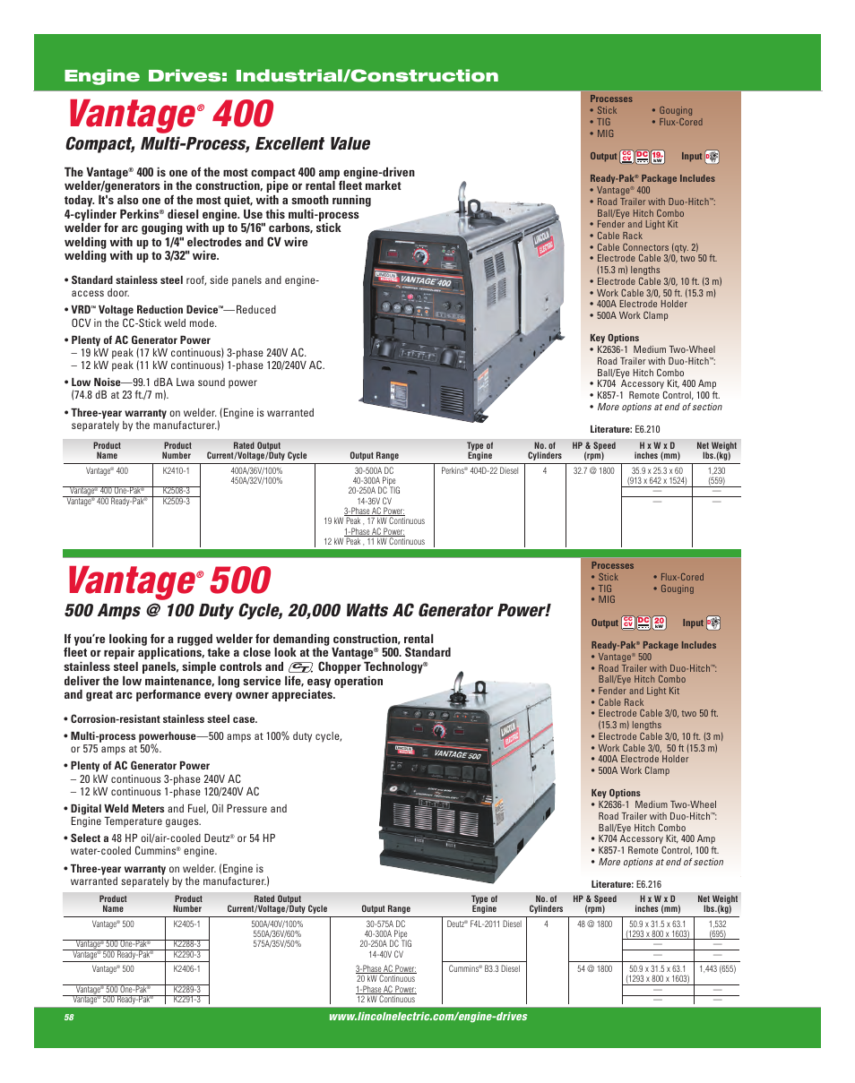 Vantage, Compact, multi-process, excellent value, Engine drives: industrial/construction | The vantage | Lincoln Electric AC-225C User Manual | Page 56 / 168