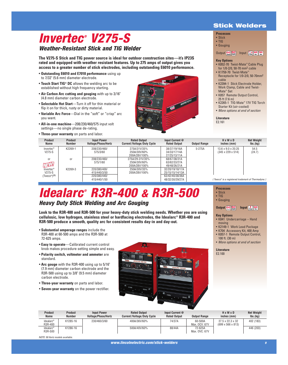 Invertec, V275-s, Idealarc | R3r-400, R3r-500, Weather-resistant stick and tig welder, Heavy duty stick welding and arc gouging, Stick welders | Lincoln Electric AC-225C User Manual | Page 7 / 168