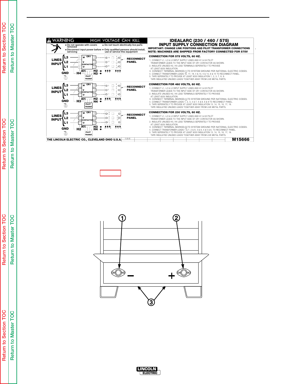 For 230/460/575 volts ac - see figure a.5, Installation, Output connections | Figure a.6 - output terminal connections, Lincoln | Lincoln Electric IDEALARC SVM 122-A User Manual | Page 13 / 116