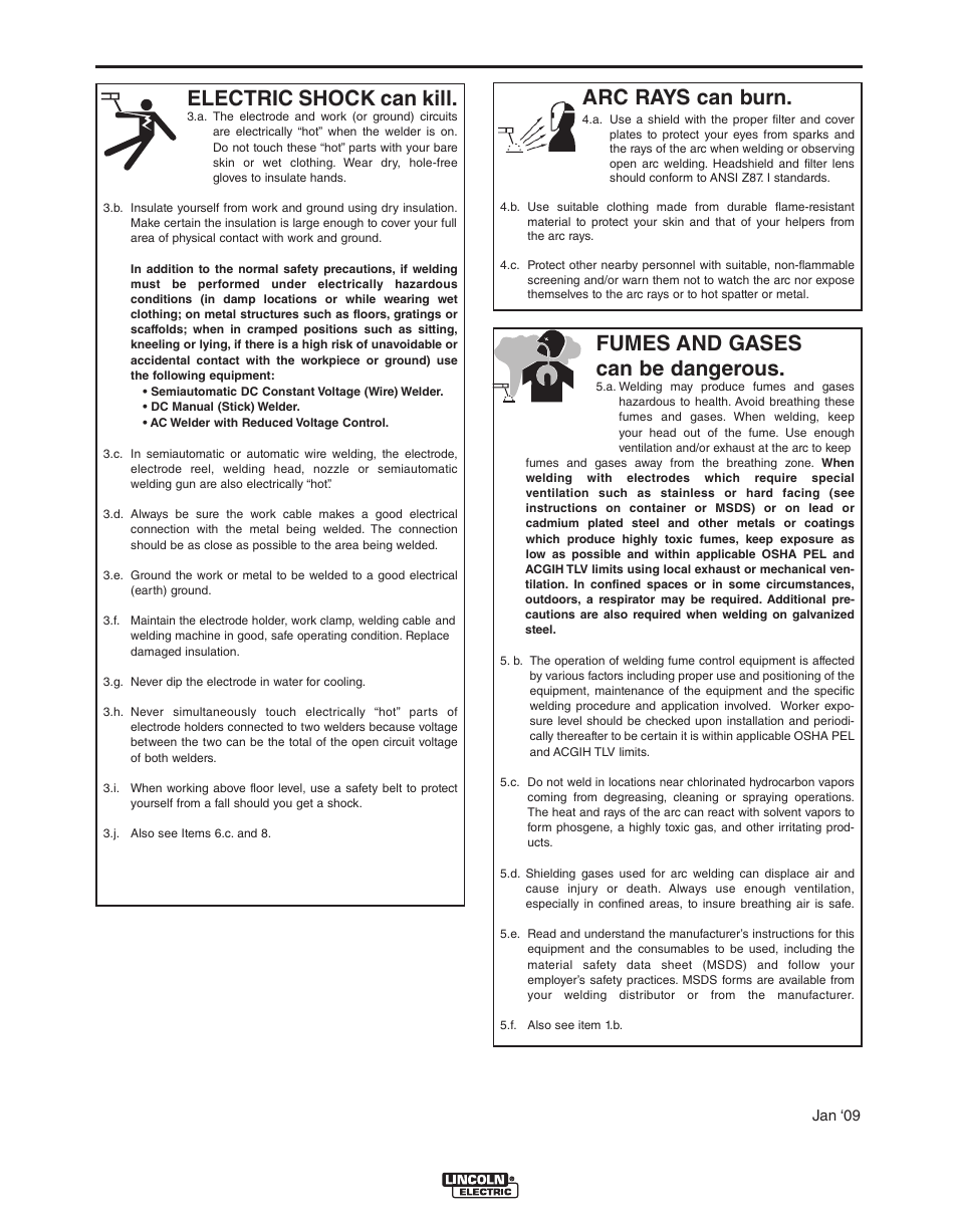 Safety, Arc rays can burn, Electric shock can kill | Fumes and gases can be dangerous | Lincoln Electric IDEALARC R3R 375-I User Manual | Page 3 / 28
