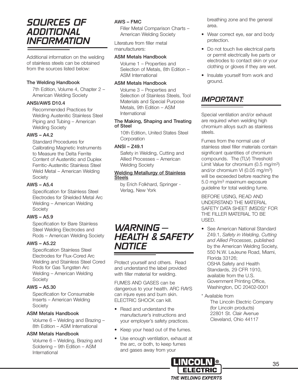 Sources of additional information, Warning – health & safety notice, Important | Lincoln Electric Welder User Manual | Page 37 / 40