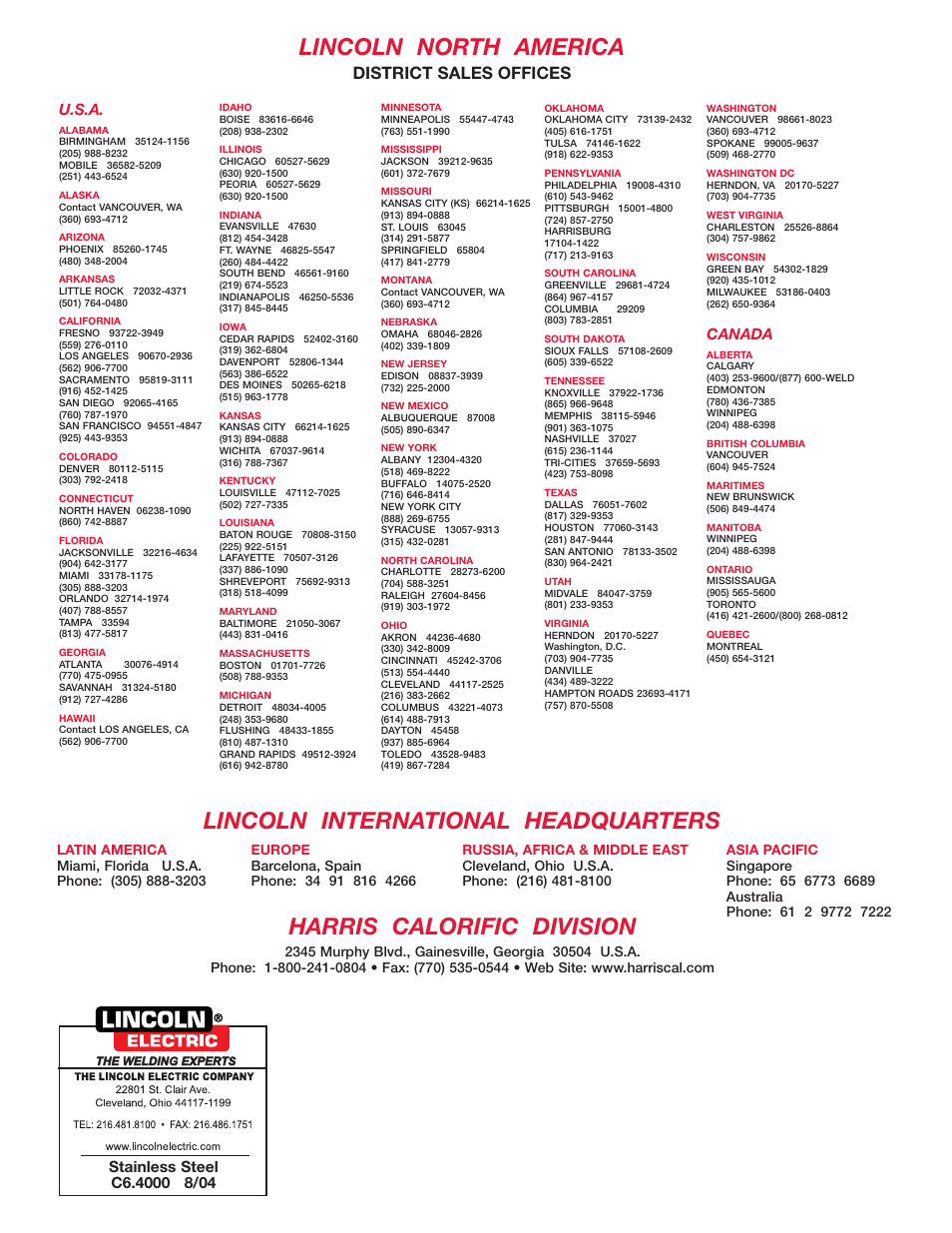 Lincoln north america, District sales offices, U.s.a | Canada | Lincoln Electric Welder User Manual | Page 40 / 40