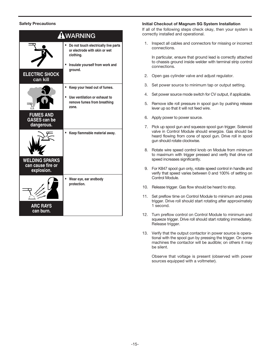 Operation, Warning | Lincoln Electric MAGNUM SG CONTROL MODULE IM398 User Manual | Page 15 / 22