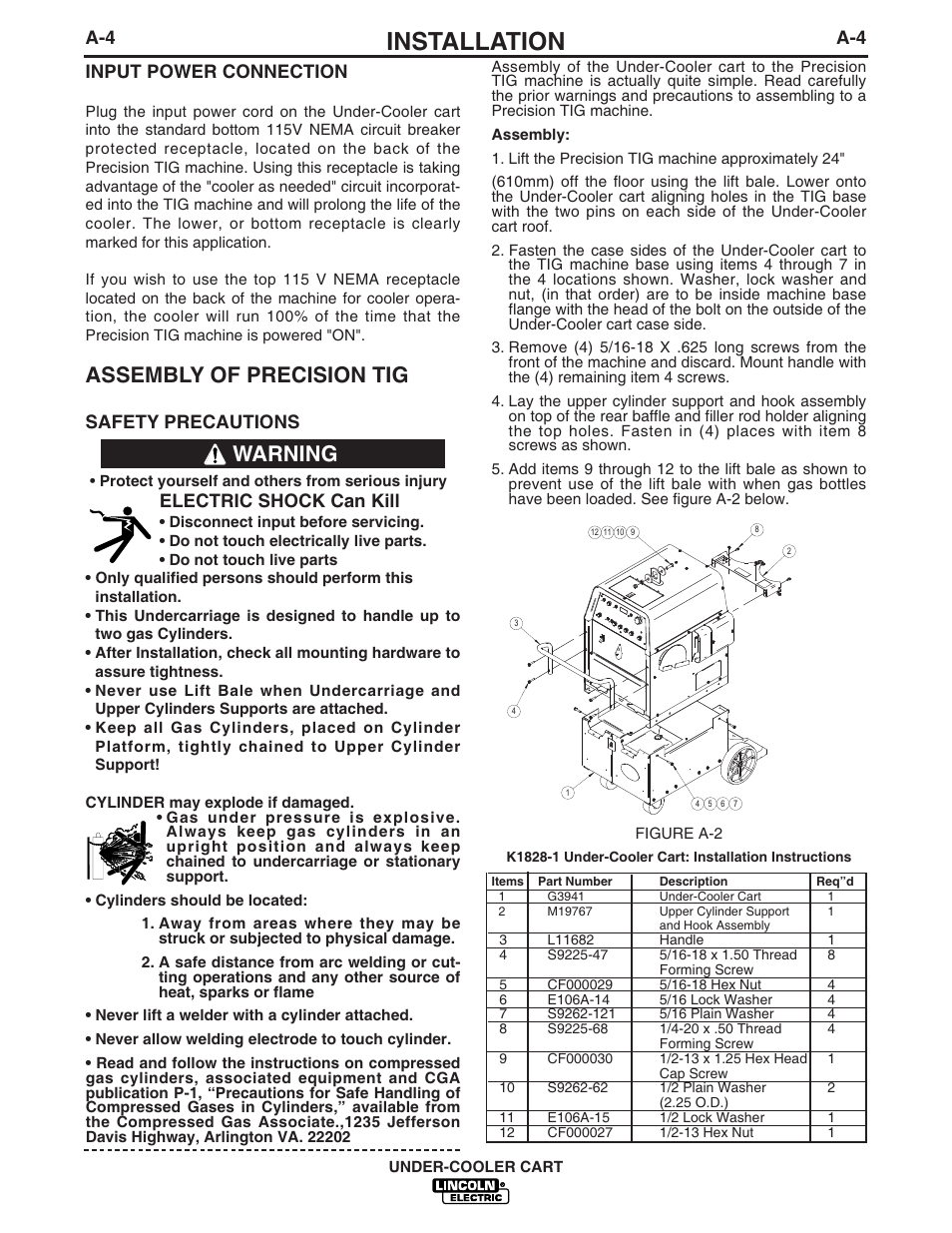 Installation, Assembly of precision tig, Warning | A-4 input power connection, Safety precautions, Electric shock can kill | Lincoln Electric IM723-A User Manual | Page 11 / 29