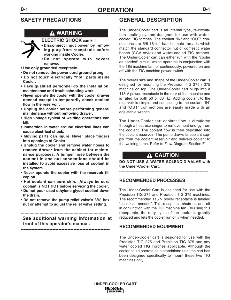 Operation, Safety precautions general description, Warning caution | Lincoln Electric IM723-A User Manual | Page 13 / 29