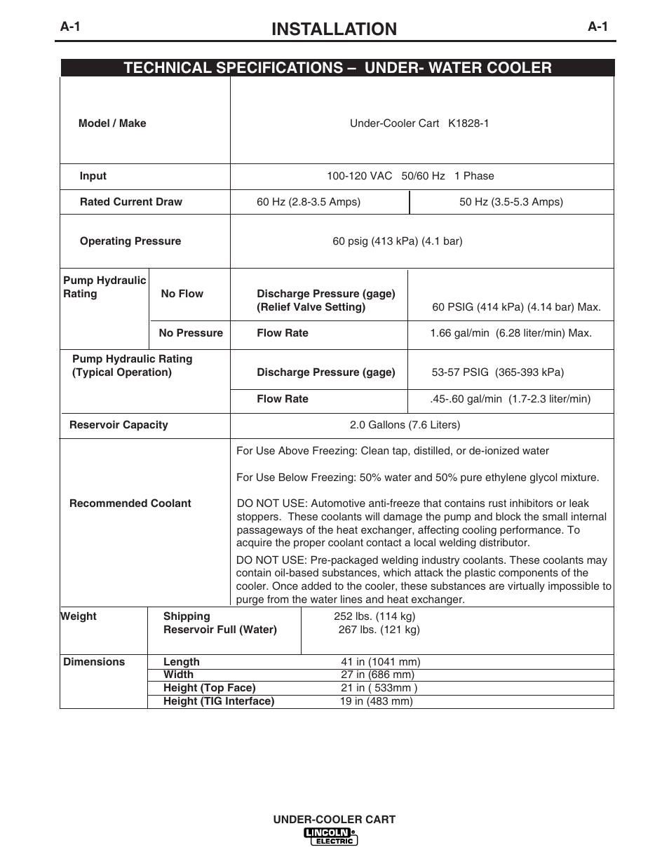 Installation, Technical specifications – under- water cooler | Lincoln Electric IM723-A User Manual | Page 8 / 29