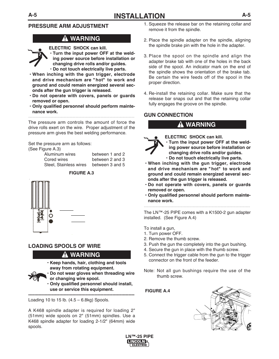 Installation, Warning | Lincoln Electric LN- 25 PIPE IM10056 User Manual | Page 14 / 39