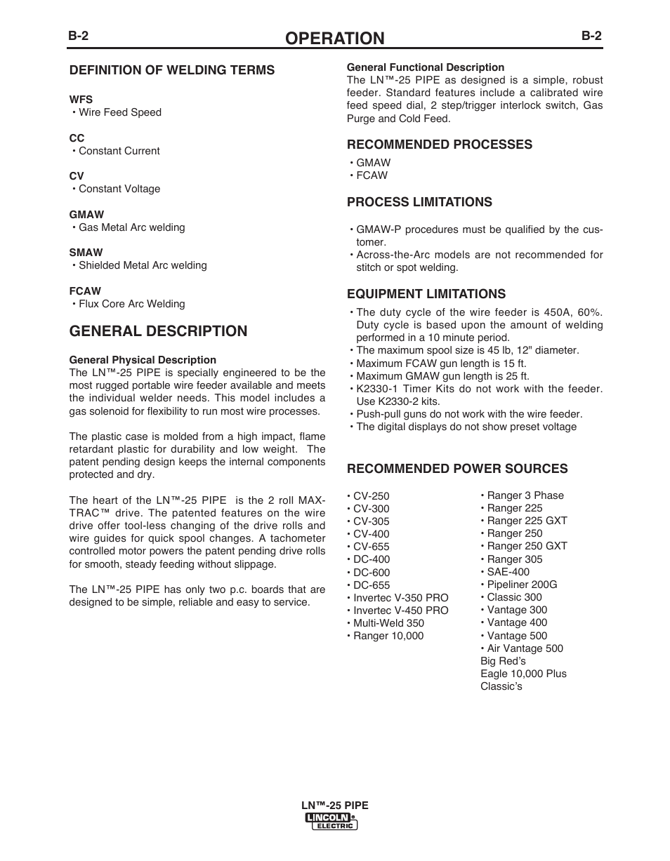 Operation, General description | Lincoln Electric LN- 25 PIPE IM10056 User Manual | Page 18 / 39