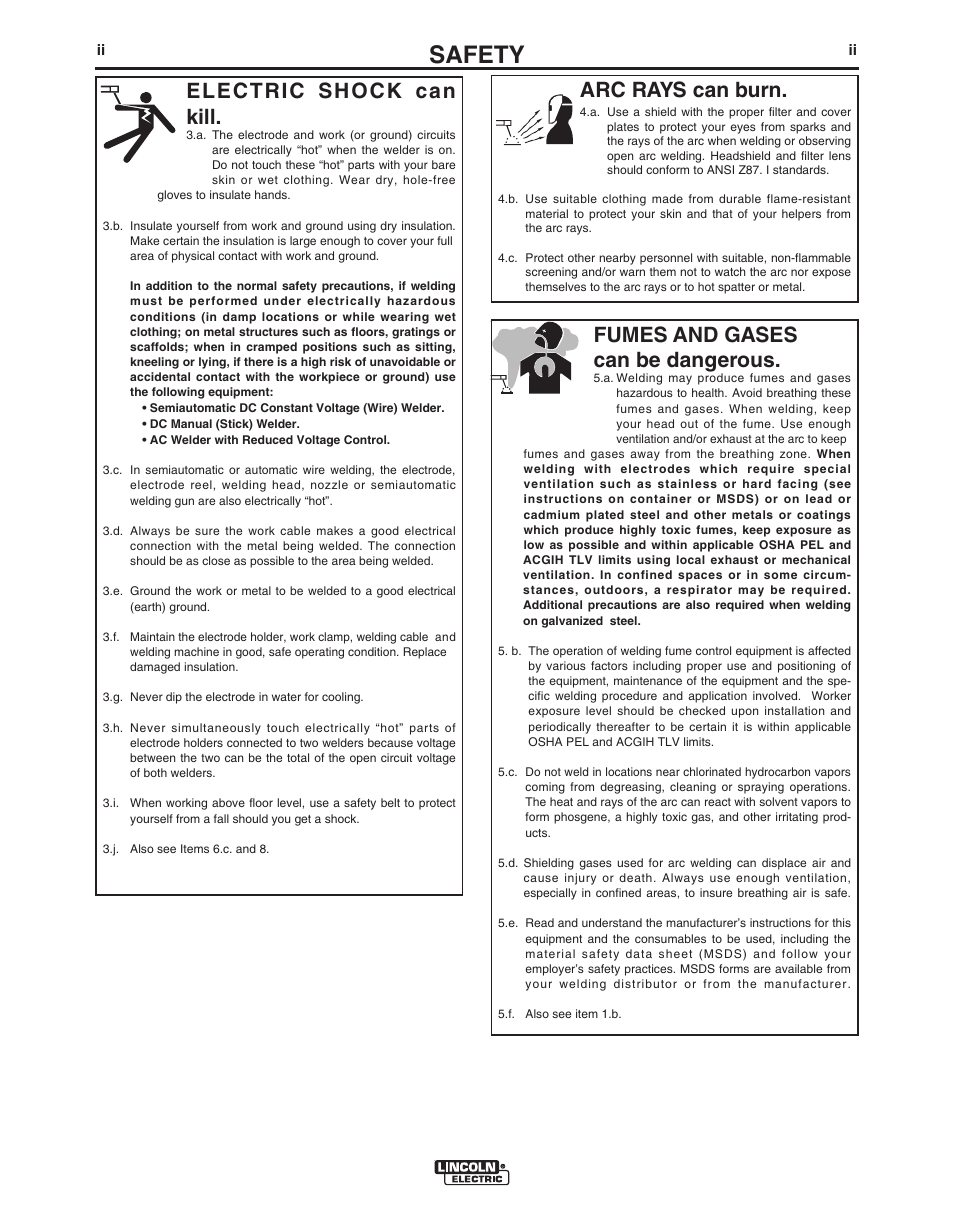 Safety, Arc rays can burn, Electric shock can kill | Fumes and gases can be dangerous | Lincoln Electric LN- 25 PIPE IM10056 User Manual | Page 3 / 39